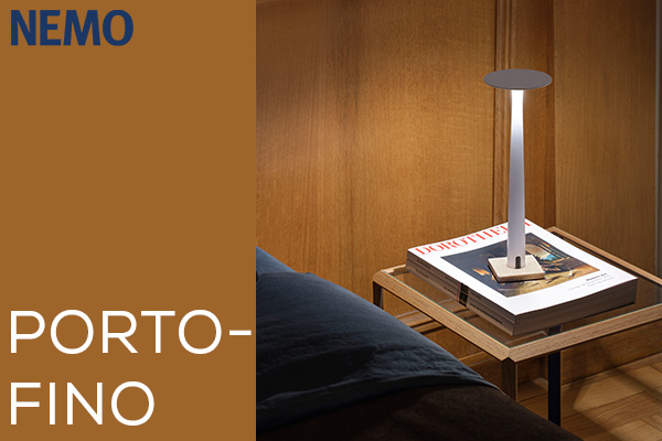 Nemo Portofino portable lamp on bedside table in a modern bedroom