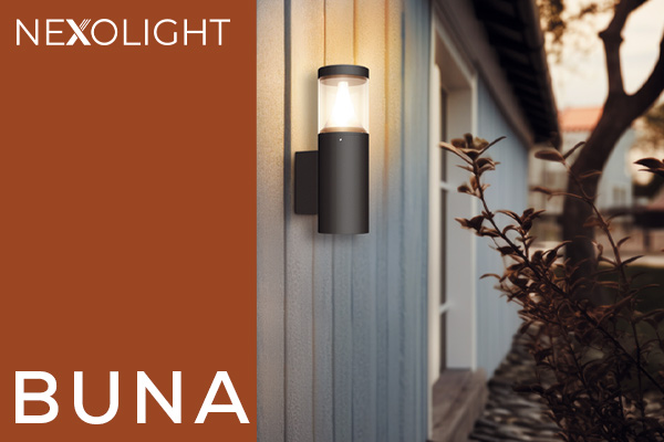 Nexolight Buna outdoor wall light with warm light on a modern house facade in an entrance area
