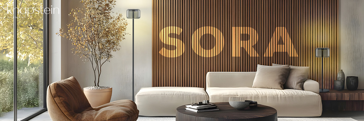 Knapstein Sora Steh- und Tischleuchten mit mundgeblasenem Smoked Glas in modernem Wohnzimmer