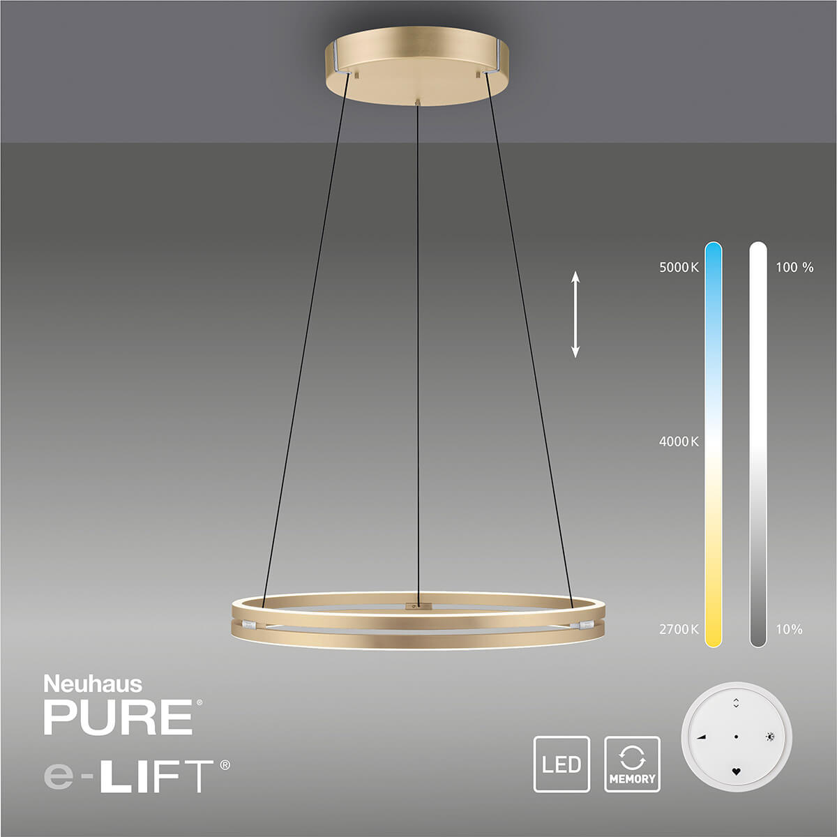 Neuhaus PURE E-Loop LED Pendelleuchte, Messing matt, inkl. Fernebdienung zur Steuerung der Höhe, Farbtemperatur und Helligkeit
