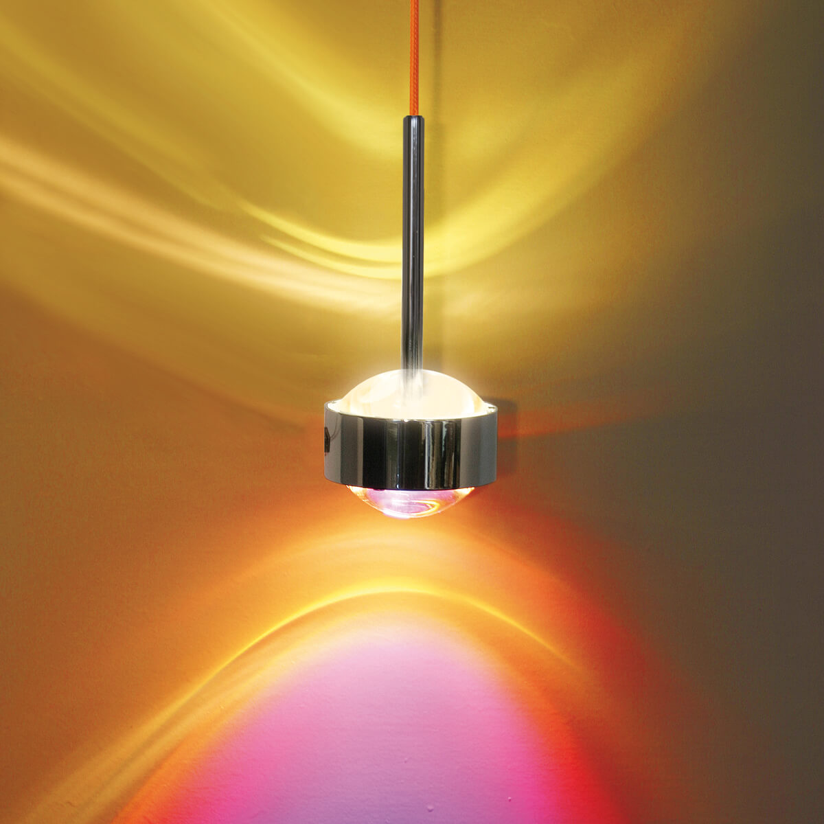 Top Light Puk Mini Drop Solo Pendelleuchte, Gehäuse, Chrom, mit roter Textilzuleitung (auf Anfrage möglich)