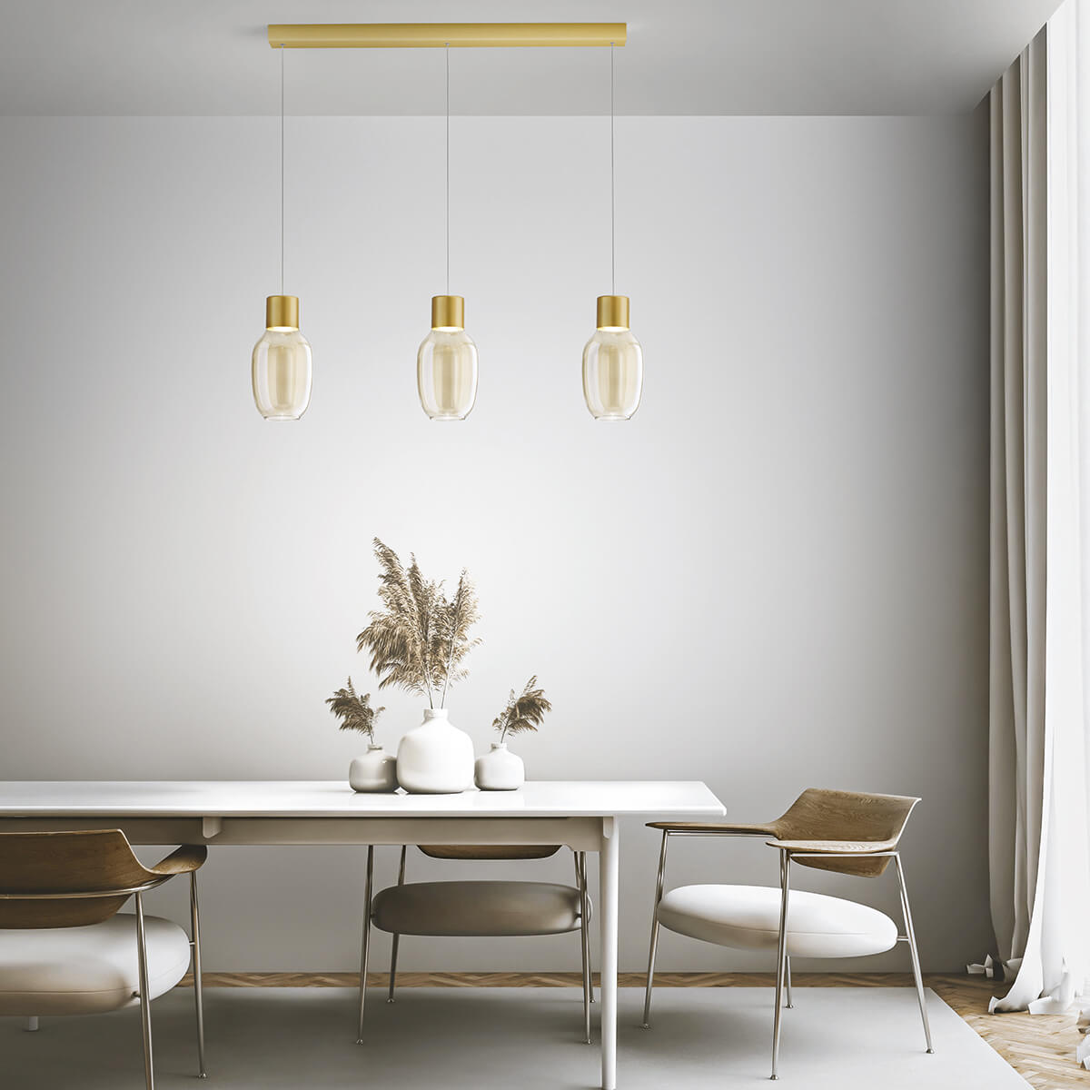 Fabas Luce Lapo LED Pendelleuchte, 3-flg., mit Balken, cognac