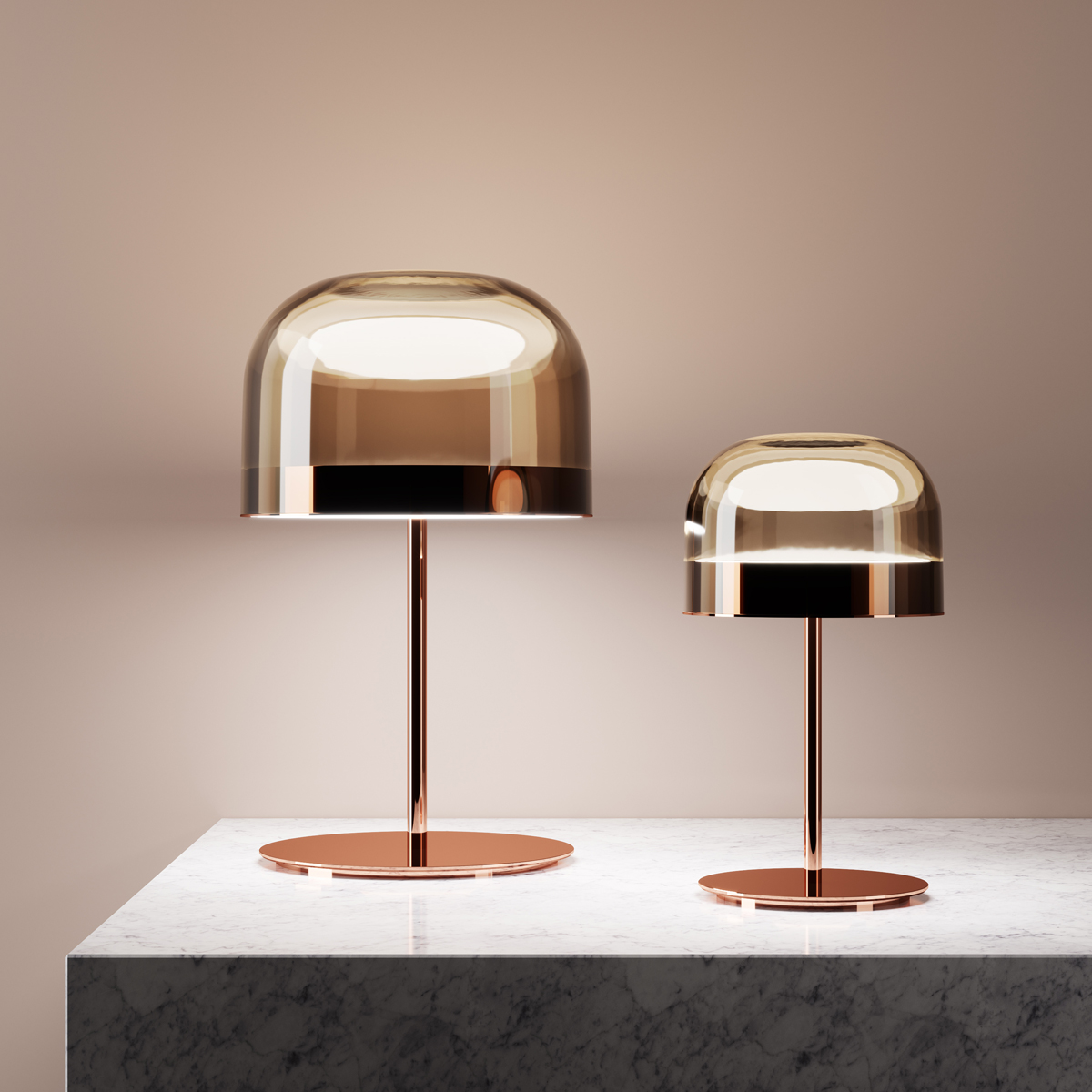 Fontana Arte Equatore LED Tischleuchte, Höhe: 60 cm, Kupfer, und Höhe: 42,5 cm, Kupfer