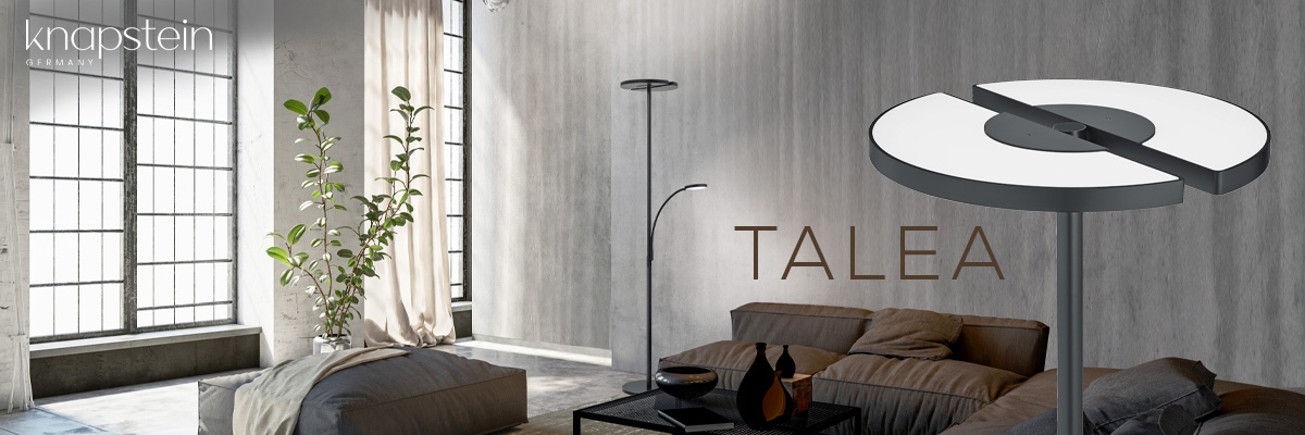 Knapstein Talea LED-Stehleuchten mit flachem Leuchtenkopf in modernem Wohnzimmer