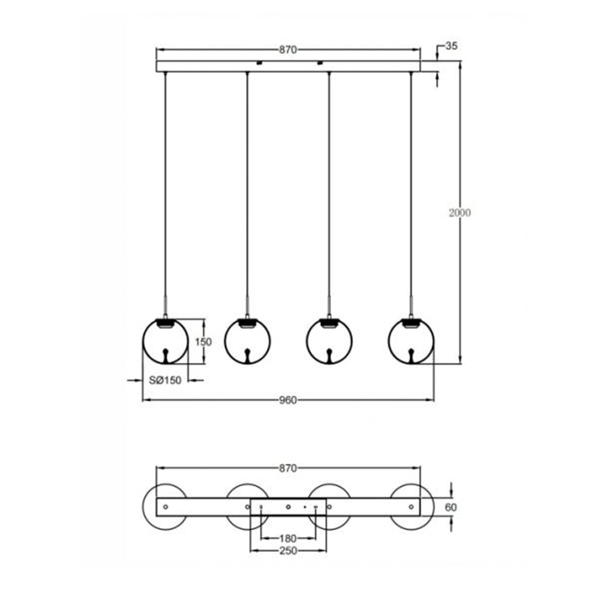 Fabas Luce Ariel LED Balken-Pendelleuchte, 4-flg., mit Tropfen