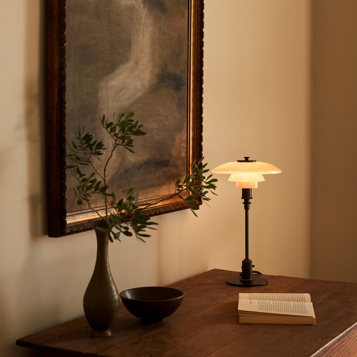 Louis Poulsen PH 2/1 Tischleuchte Limited Edition, Altmessing / Glas dusty terracotta