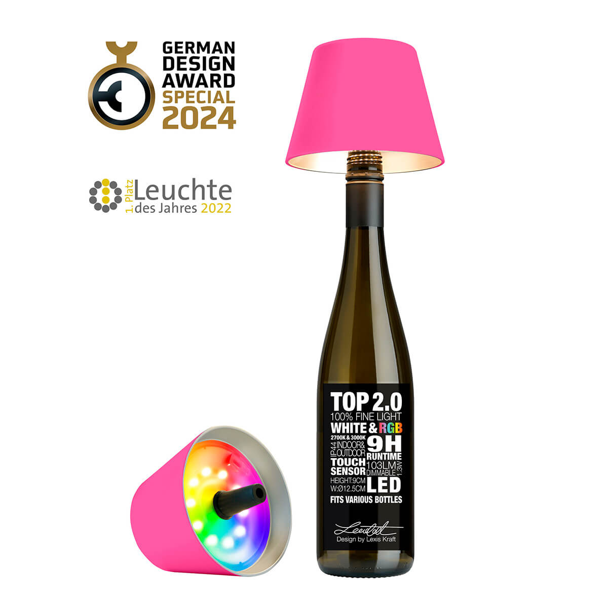 Sompex Top 2.0 RGB LED Akkuleuchte & Flaschenaufsatz, neon pink (Flasche nicht inbegriffen zu sehen sind zwei Akkuleuchten)