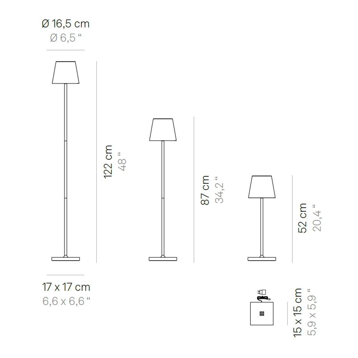 Zafferano AiLati Poldina L Pro LED Akkutisch- / Stehleuchte, Maßzeichnung (Höheneinstellung möglich)