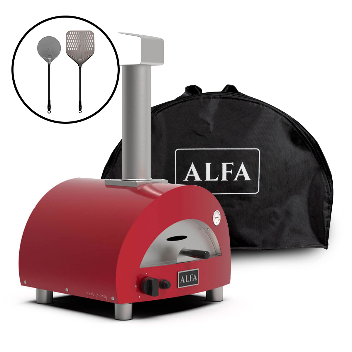 Alfa Forni Moderno Portable Pizzaofen, tragbar, inkl. Tragetasche & Pizza Schaufel Set Medium, Antik rot