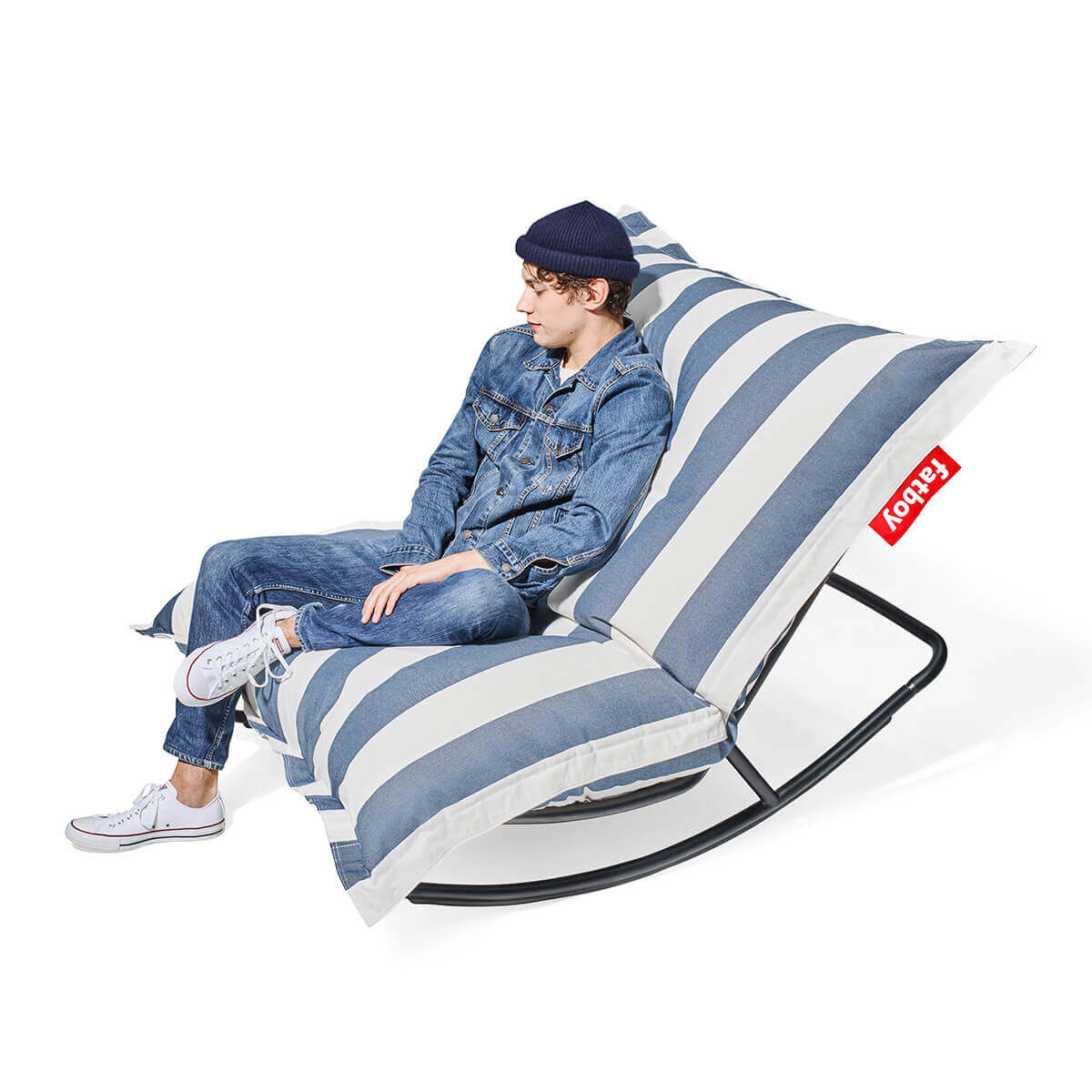 Fatboy Rock 'n Roll Schaukelstuhl & Original Outdoor Sitzsack, Sitzsack: Stripe Ocean blue (weiß-blau)