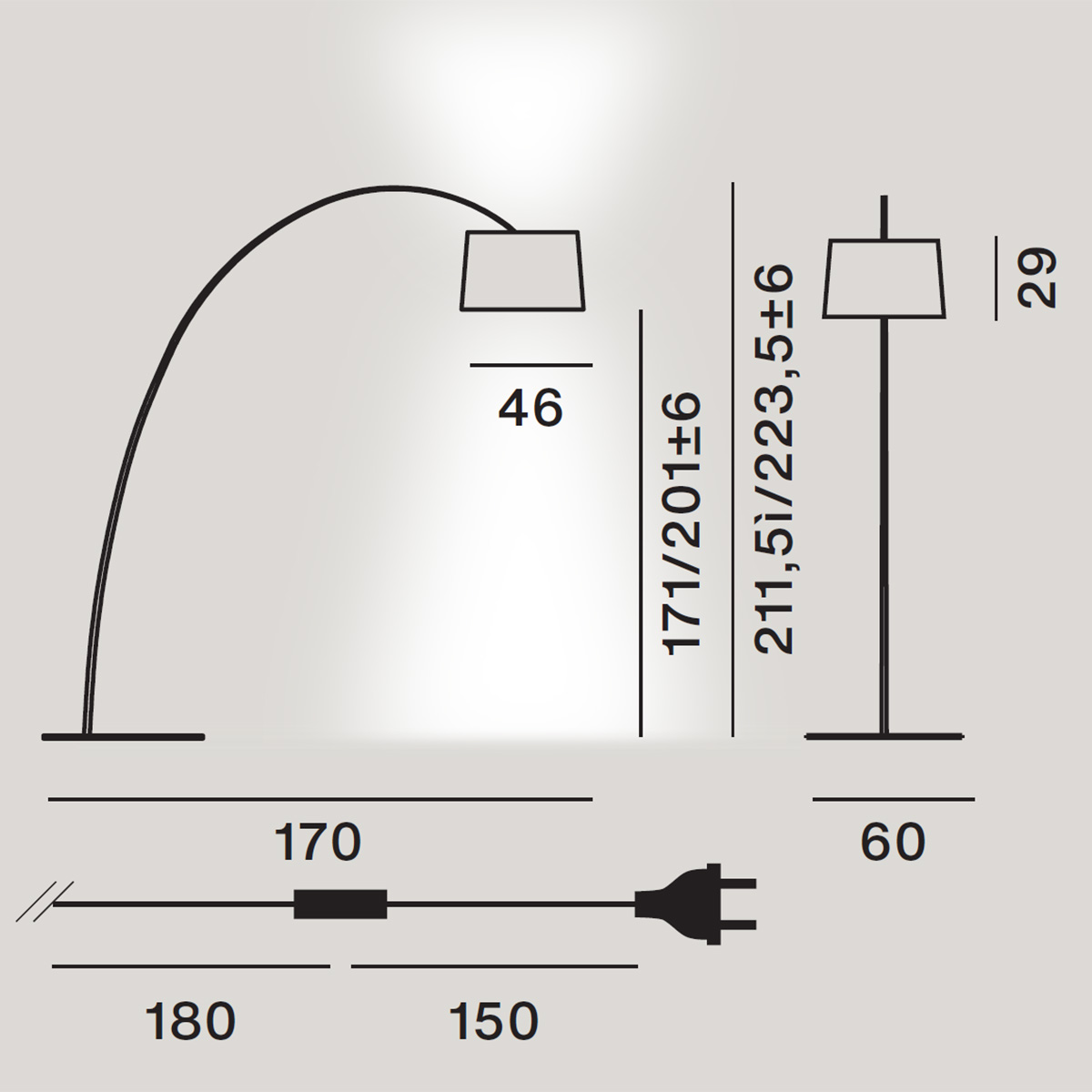 Foscarini Twiggy MyLight LED Terra, Maßzeichnung