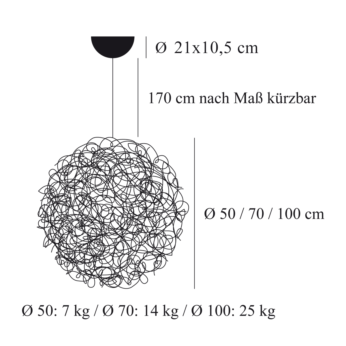 Catellani & Smith Fil de Fer Pendelleuchte, Ø: 50/70/100 cm, Maßzeichnung