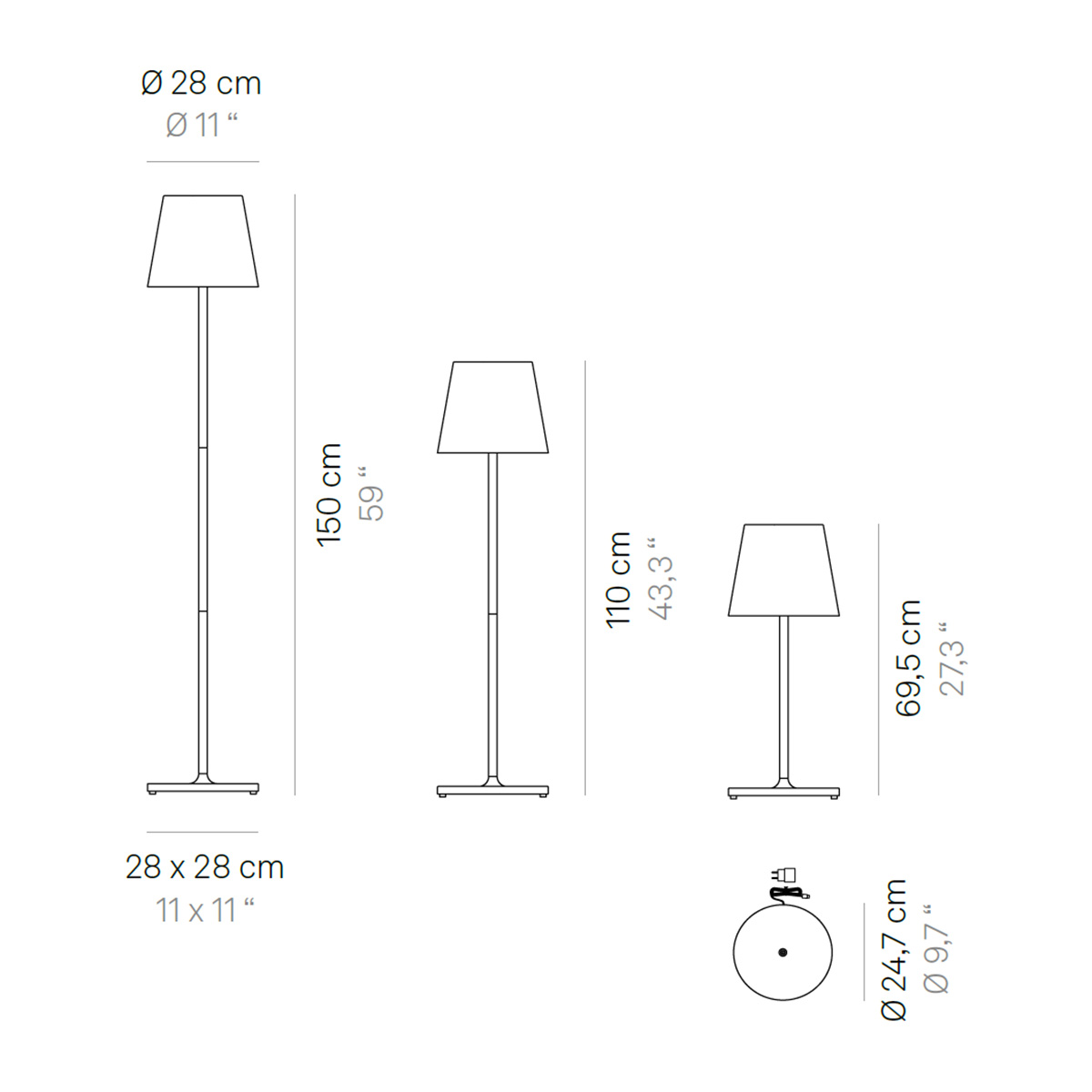 Zafferano AiLati Poldina XXL Pro LED Akkutisch- / Stehleuchte, Maßzeichnung (Höheneinstellung möglich)