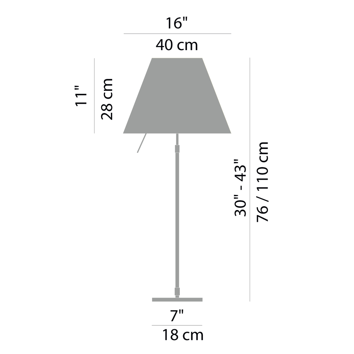 Luceplan Costanza Tavolo Teleskop mit Touchdimmer, Messing, Maßzeichnung