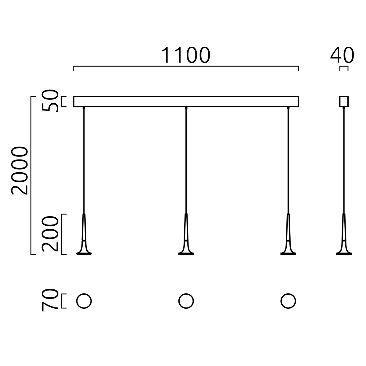 Helestra Flute LED Pendelleuchte, 3-flg., ohne Glasschirme, Maßzeichnung
