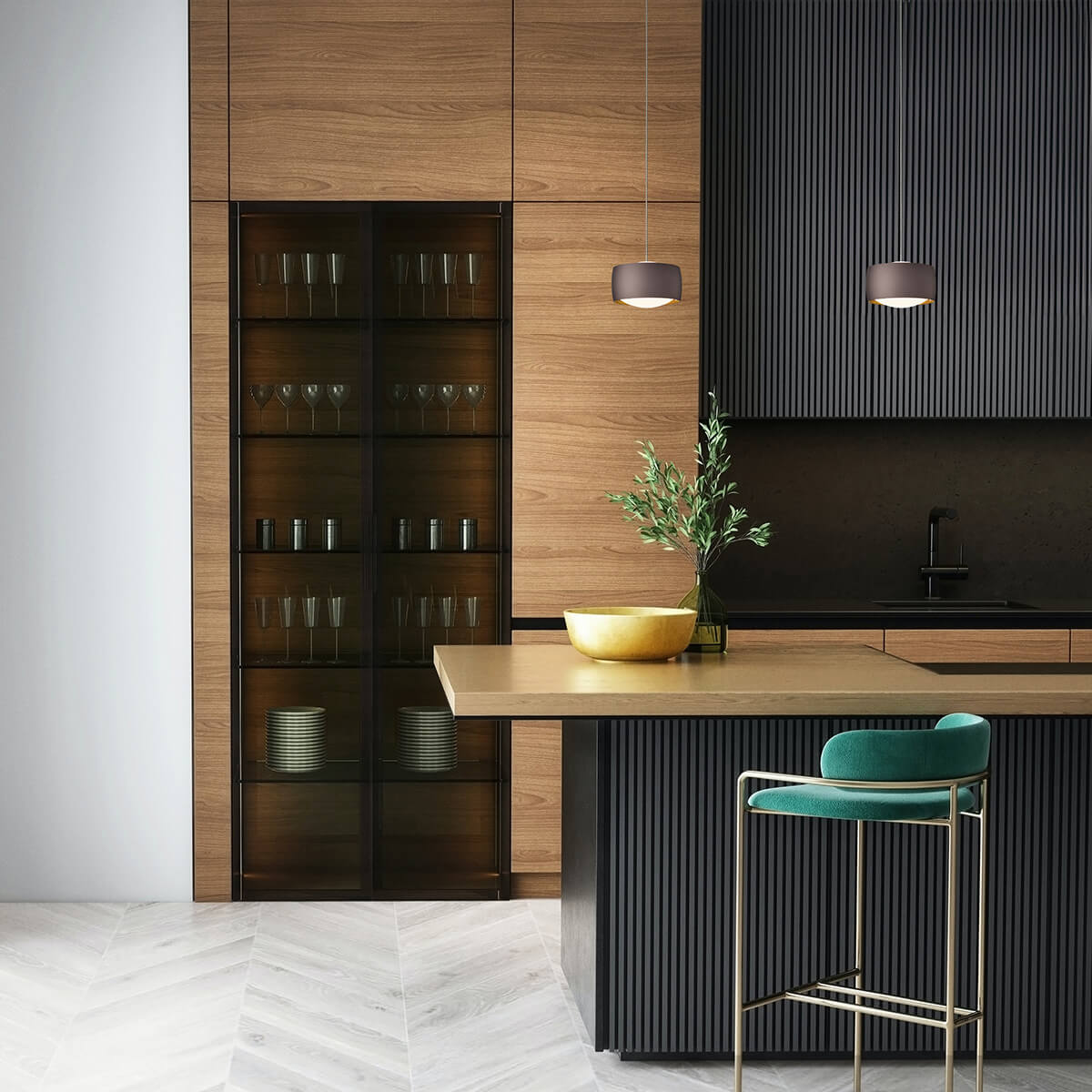 Oligo Grace LED Pendelleuchte, 2-flg., TW, unsichtbare Höhenverstellung, Baldachin: Alu gebürstet, Brazilian brown