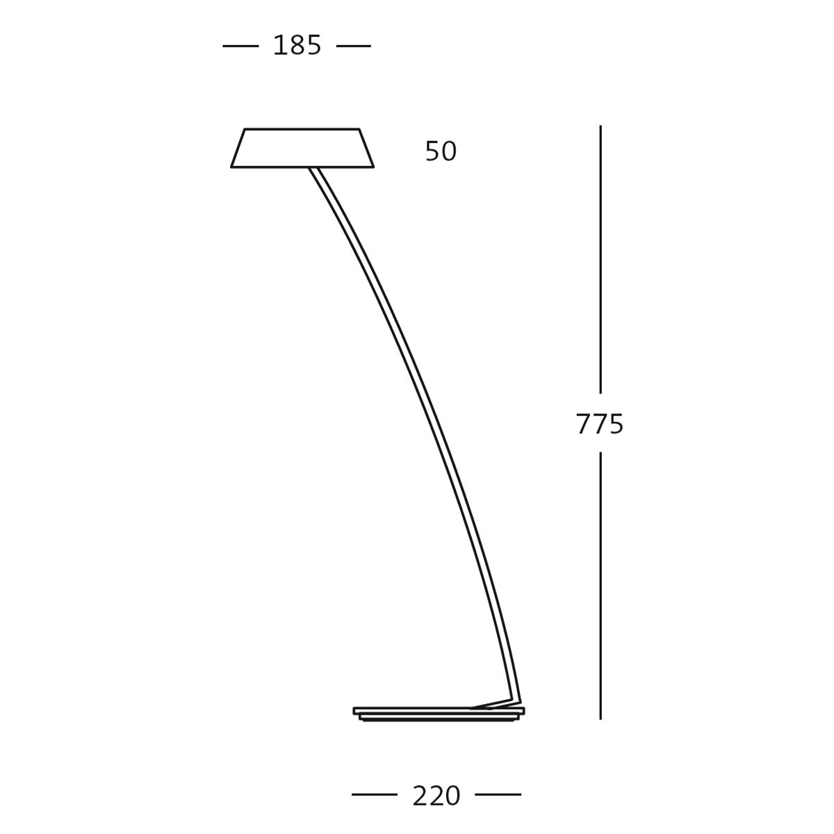Oligo Glance LED Tischleuchte, gebogen, Maßzeichnung