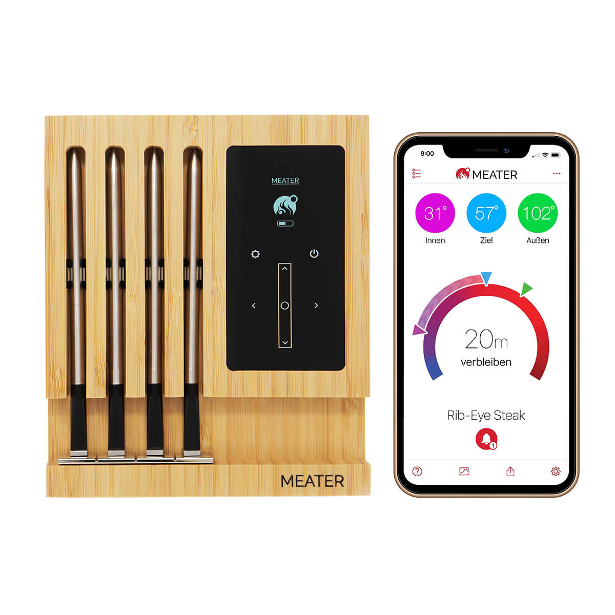 Meater MEATER Block WLAN & Bluetooth Fleischthermometer, 4 Thermometer + Standalone-Modus, Bedienung via Meater App