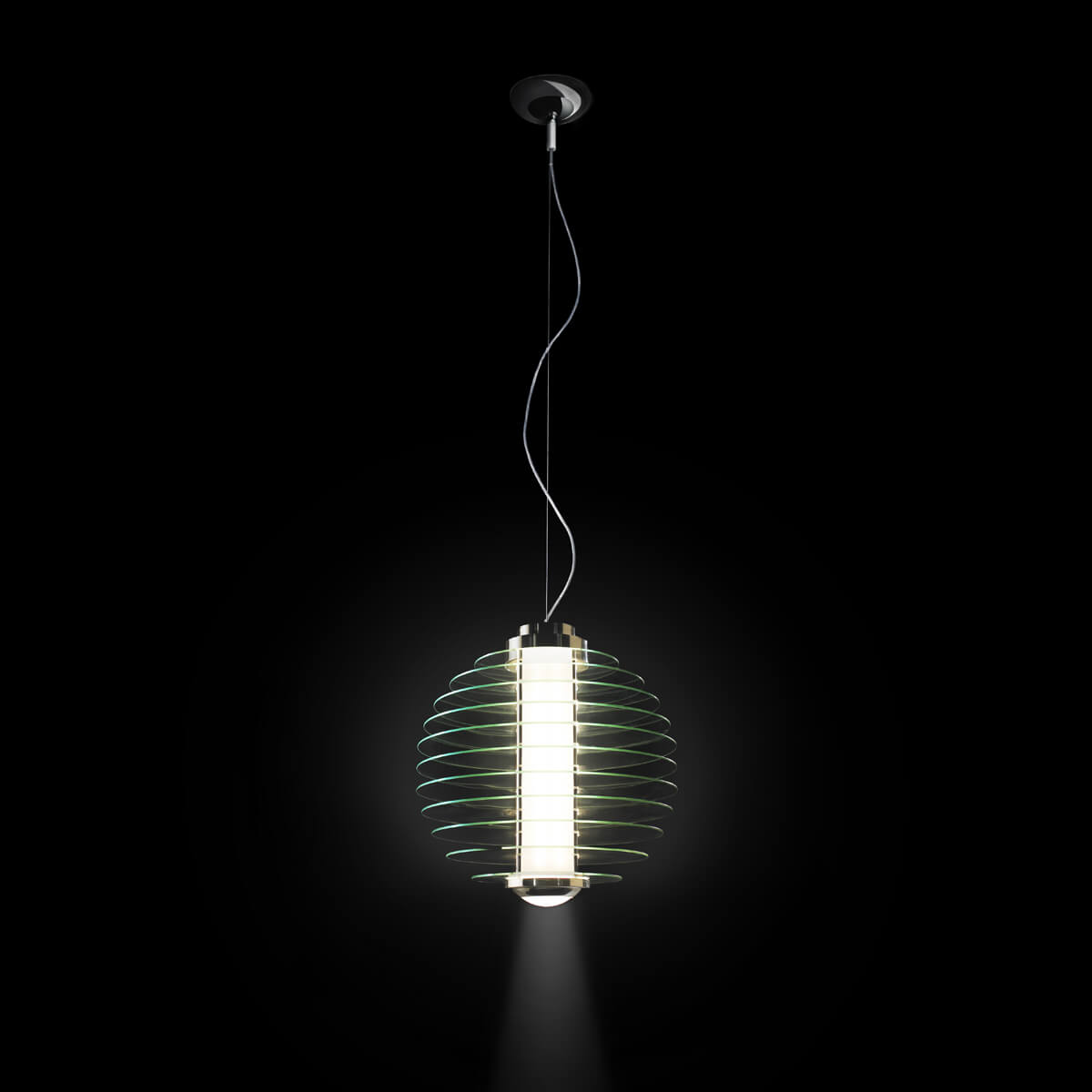 Fontana Arte 0024 Pendelleuchte, Chrom / Glas transparent, mit unterer Glasabdeckung (auf Anfrage erhältlich)