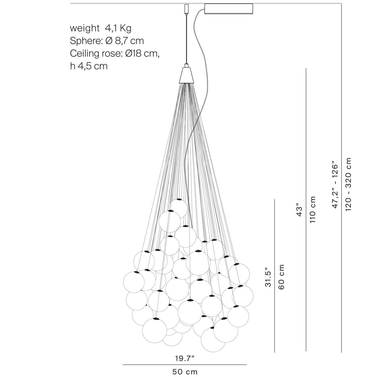 Luceplan Stochastic LED Sospensione, opalweiß, 72 Kugeln, Maßzeichnung