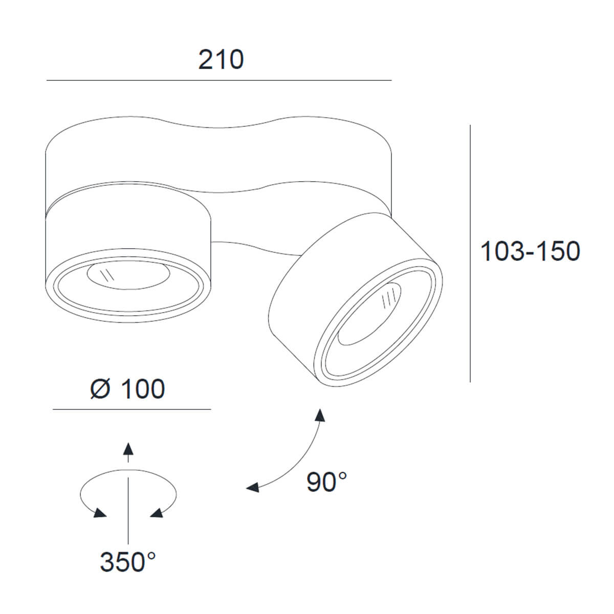 Clippo Duo LED Wand- / Deckenstrahler, Dim-to-Warm, weiß / weiß, Maßzeichnung