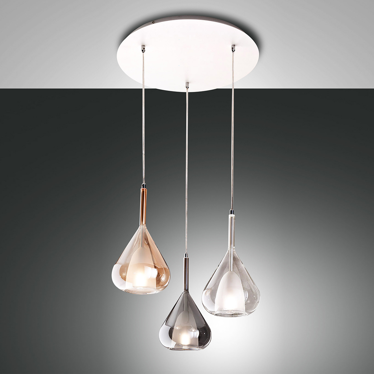 Fabas Luce Lila Pendelleuchte, 3-flg., mit Rondell, transparent / amber / grau Lila Pendelleuchte, 3-flg., mit Rondell