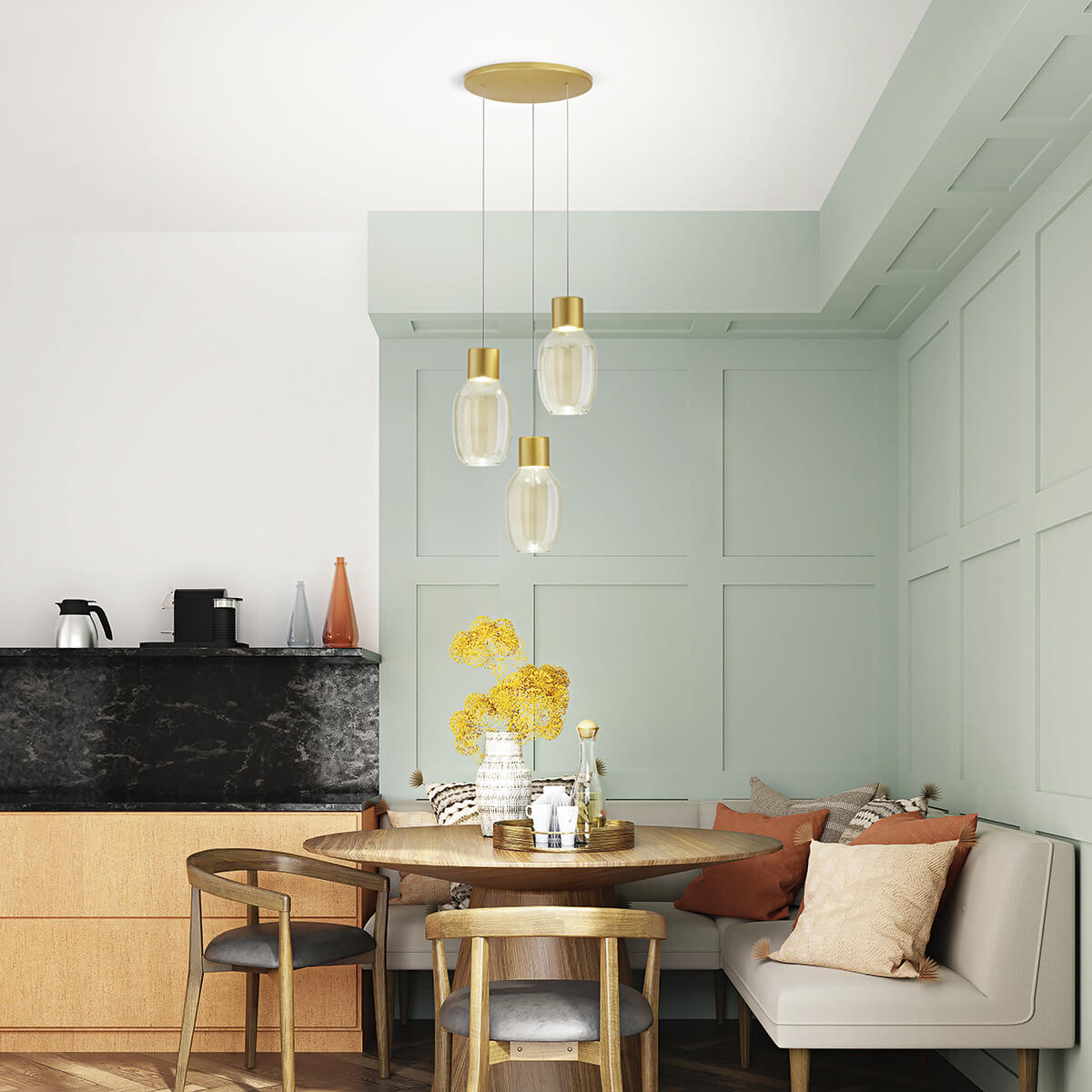 Fabas Luce Lapo LED Pendelleuchte, 3-flg., mit Rondell, cognac