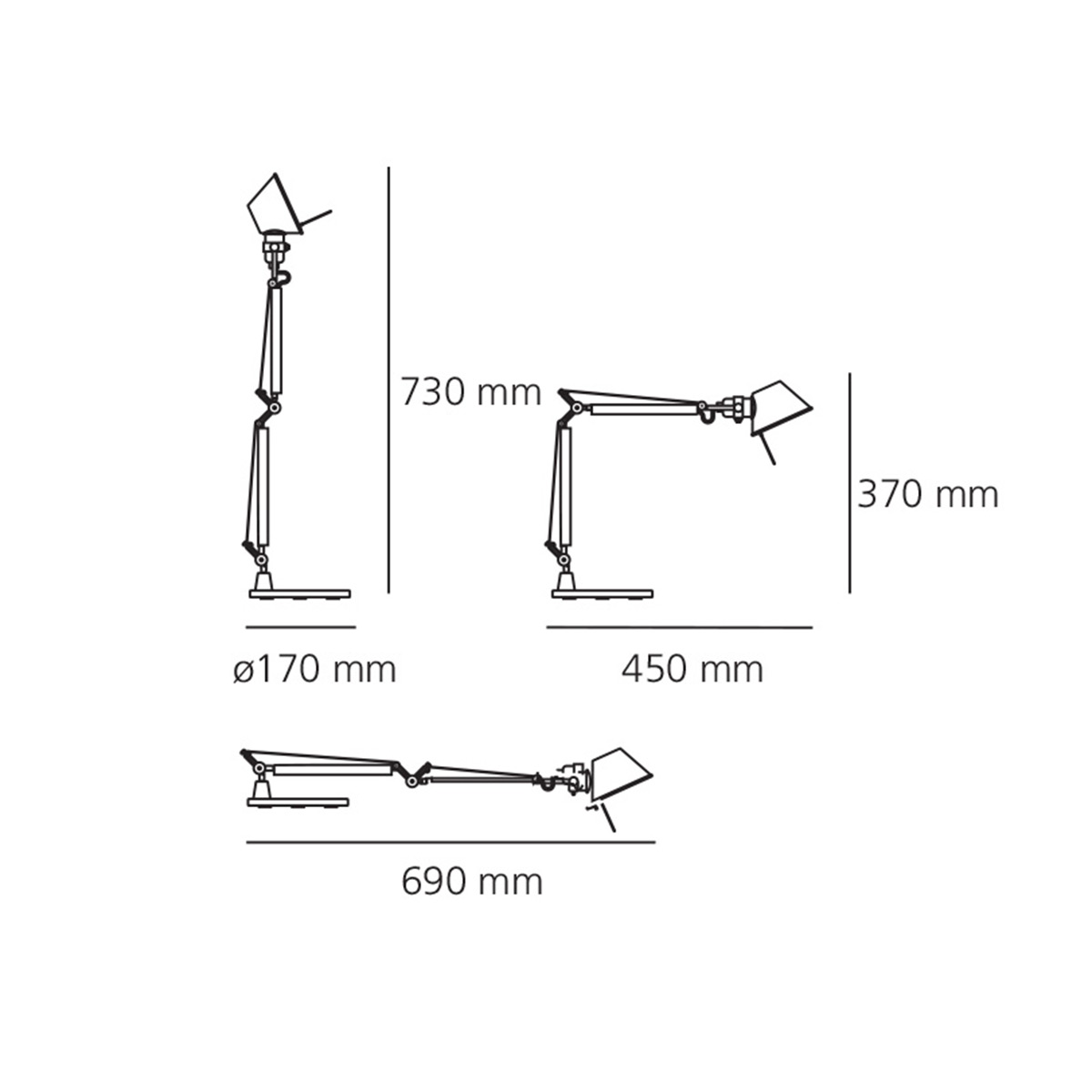 Artemide Tolomeo Micro Tavolo, Maßzeichnung