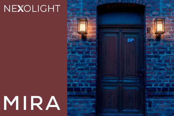 Nexolight Mira outdoor wall lights with warm light on a brick facade at a house entrance