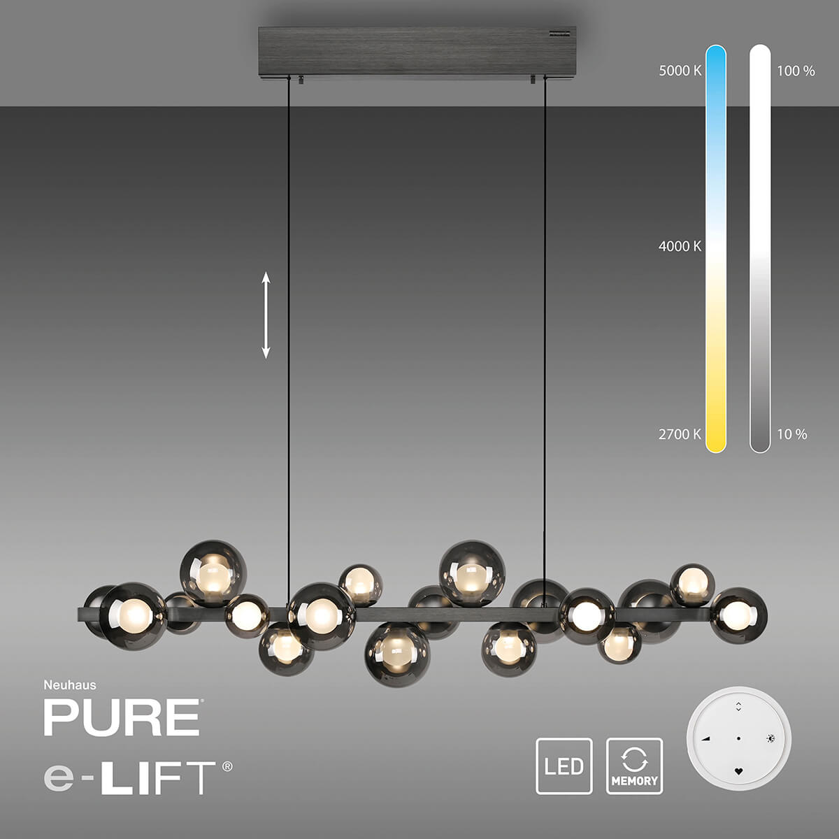 PURE E-Popup LED Pendelleuchte mit e-LIFT und CCT