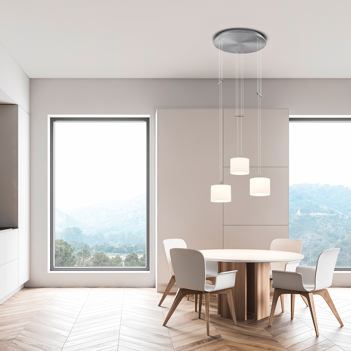 Bankamp Grazia LED Pendelleuchte, 3-flg., mit Rondell, Nickel matt / Chrom