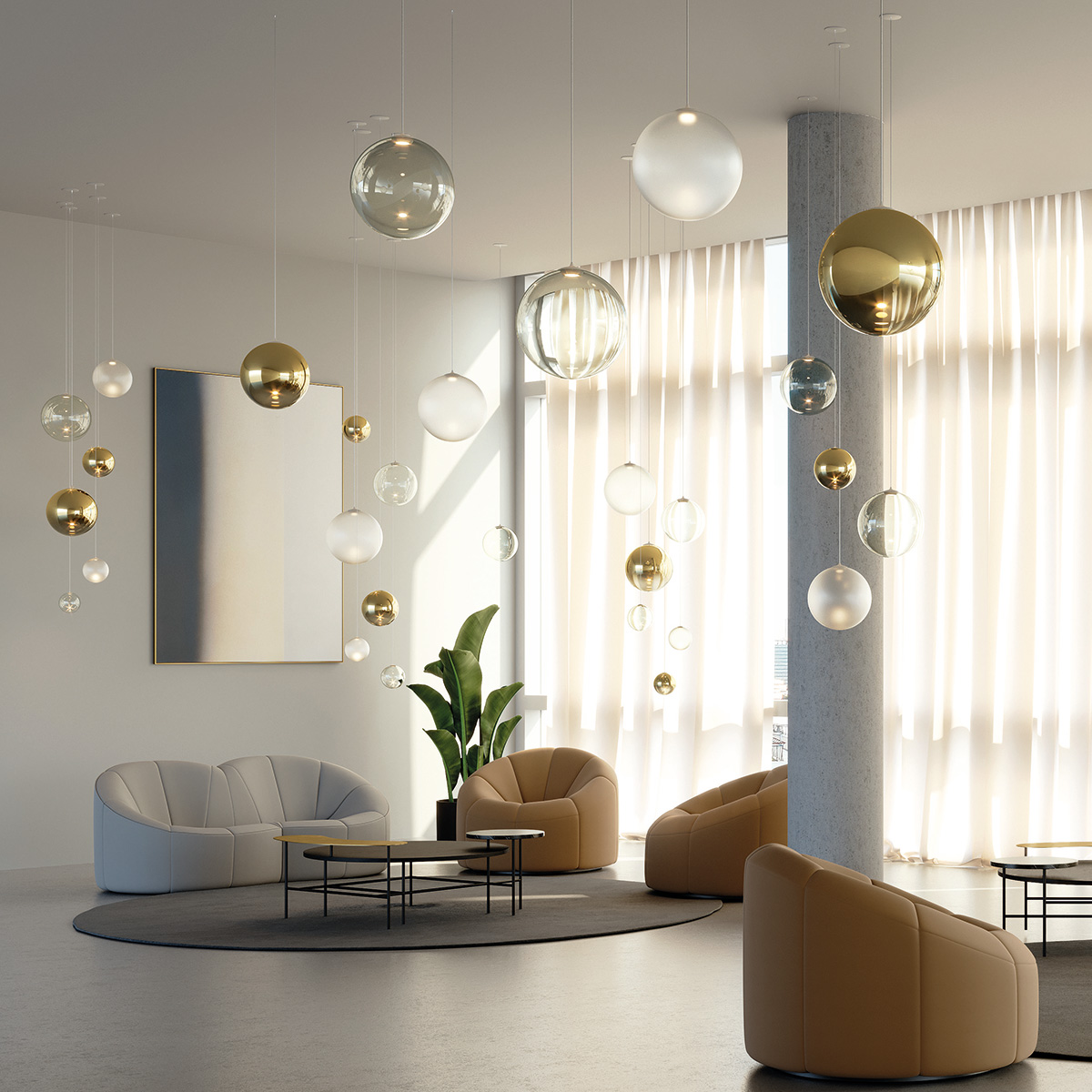 Lodes Random Solo 14 LED Pendelleuchte, die Abbildung zeigt die Leuchte in Gold, weiß matt satiniert und Glas klar in versch. Größen und mit einem Einbau-Baldachin (auf Anfrage erhältlich)