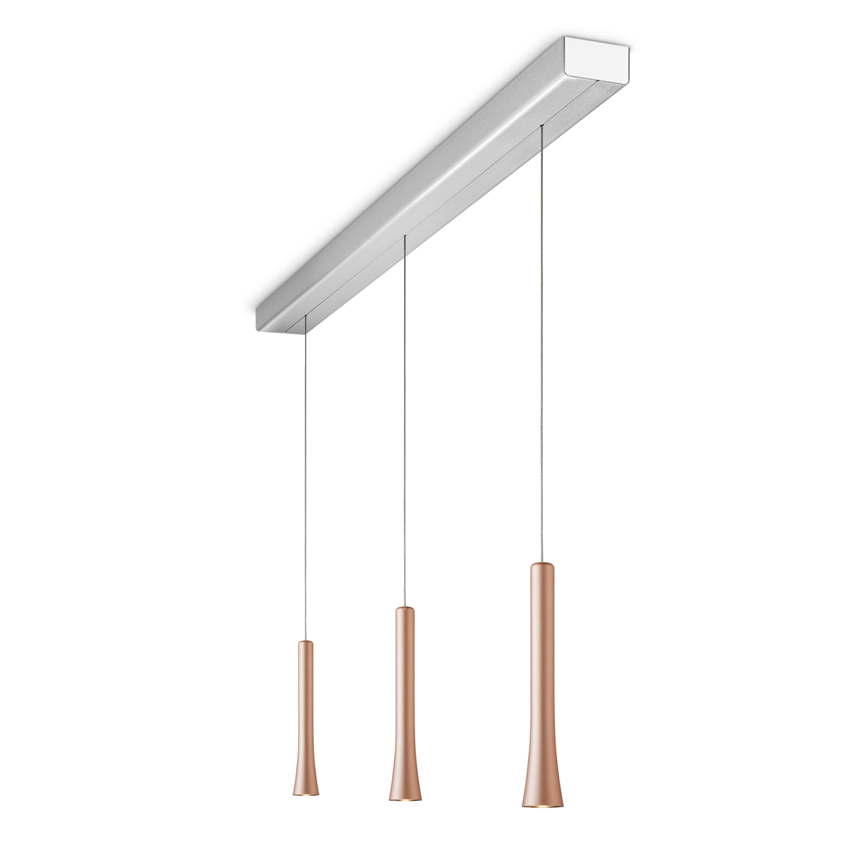 Oligo Rio LED Pendelleuchte, 3-flg., unsichtbare Höhenverstellung, Baldachin: Alu gebürstet, Satin copper