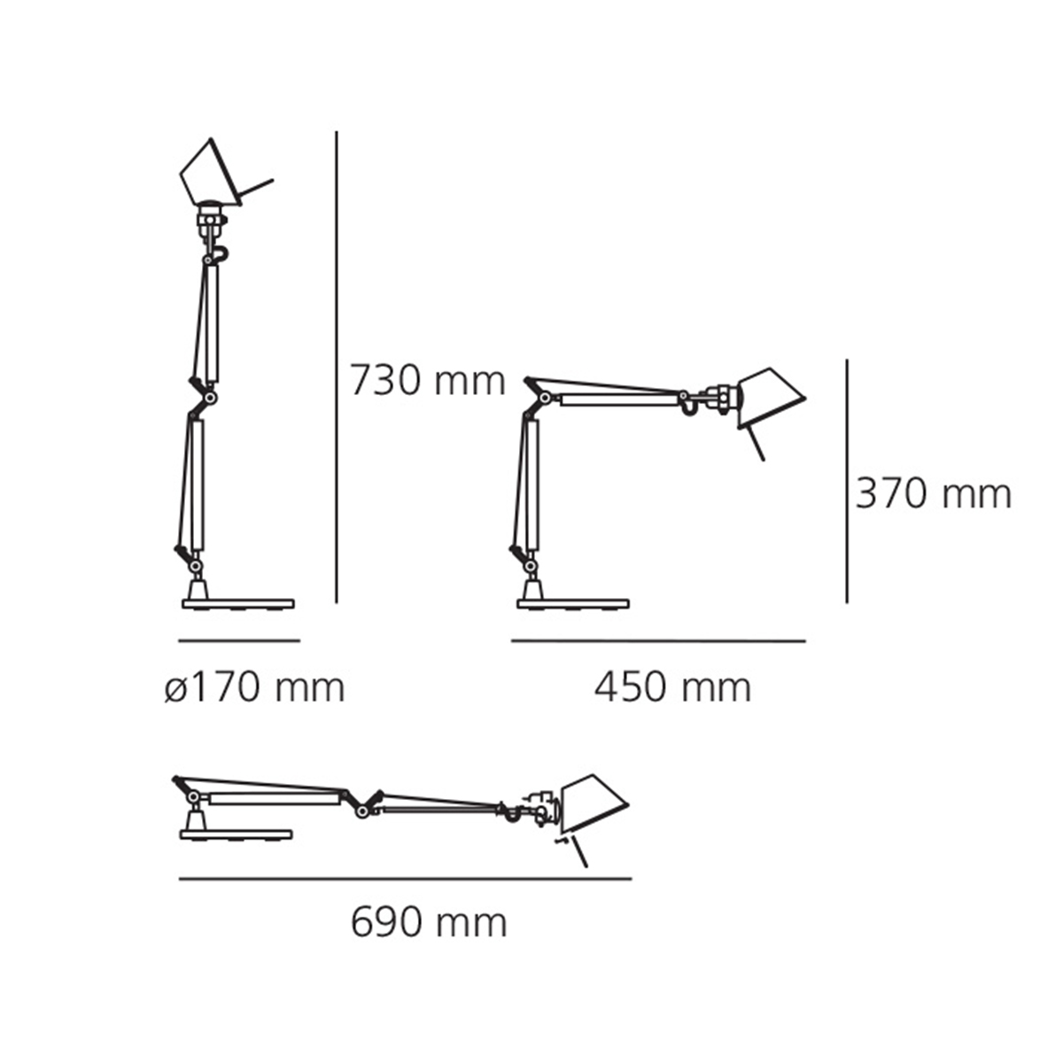 Artemide Tolomeo Micro Tavolo Bicolor, Maßzeichnung