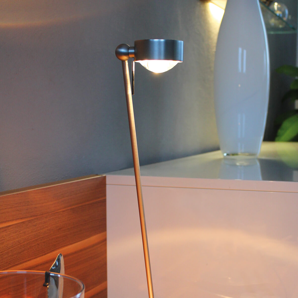 Top Light Puk Mini Table Single Tischleuchte, 80 cm, Nickel matt, mit Linse klar / Glas satiniert
