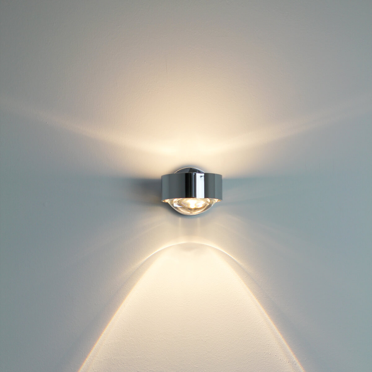 Top Light Puk Mini Wall Wandleuchte, Chrom, mit Linse klar / Glas satiniert
