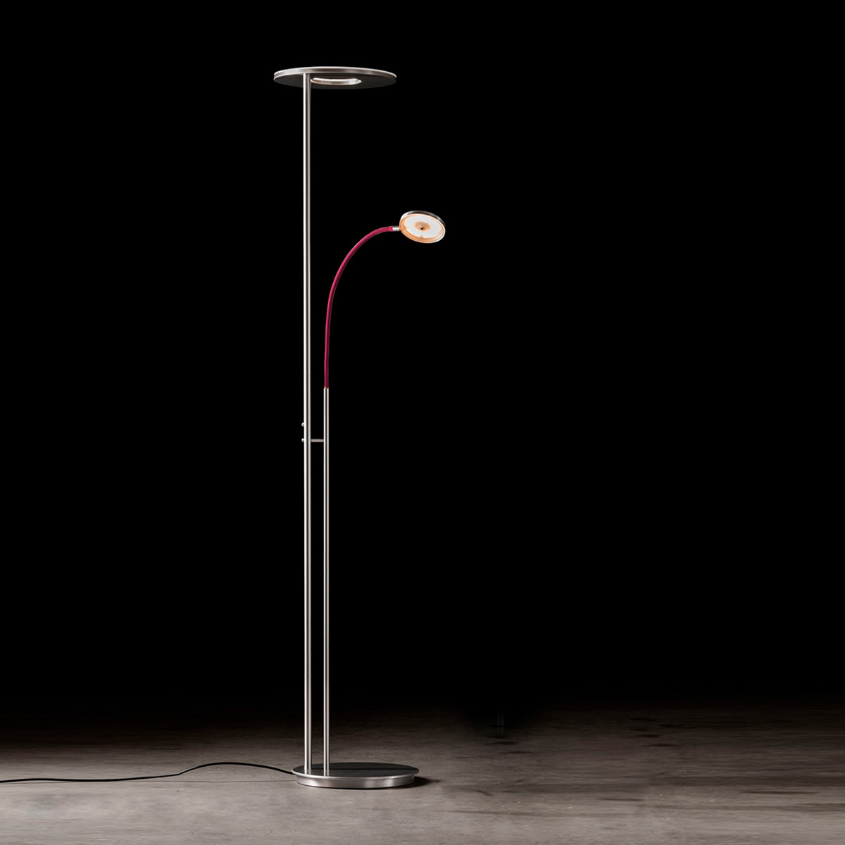 Holtkötter Nova Flex LED Deckenfluter mit Lesearm, Aluminium matt / rot