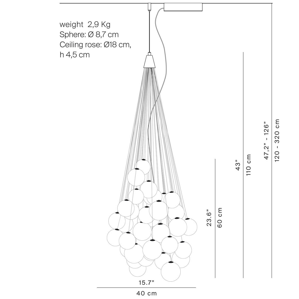 Luceplan Stochastic LED Sospensione, opalweiß, 48 Kugeln, Maßzeichnung