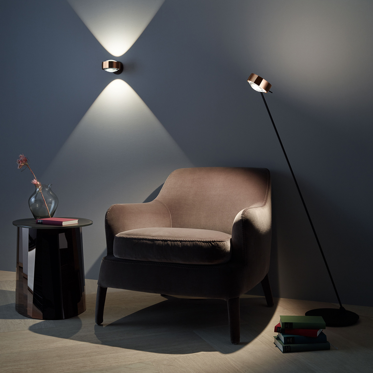 Occhio Sento E lettura LED Leseleuchte, 125 cm, 2700 K, Ausrichtung: links vom Objekt, Roségold / schwarz matt