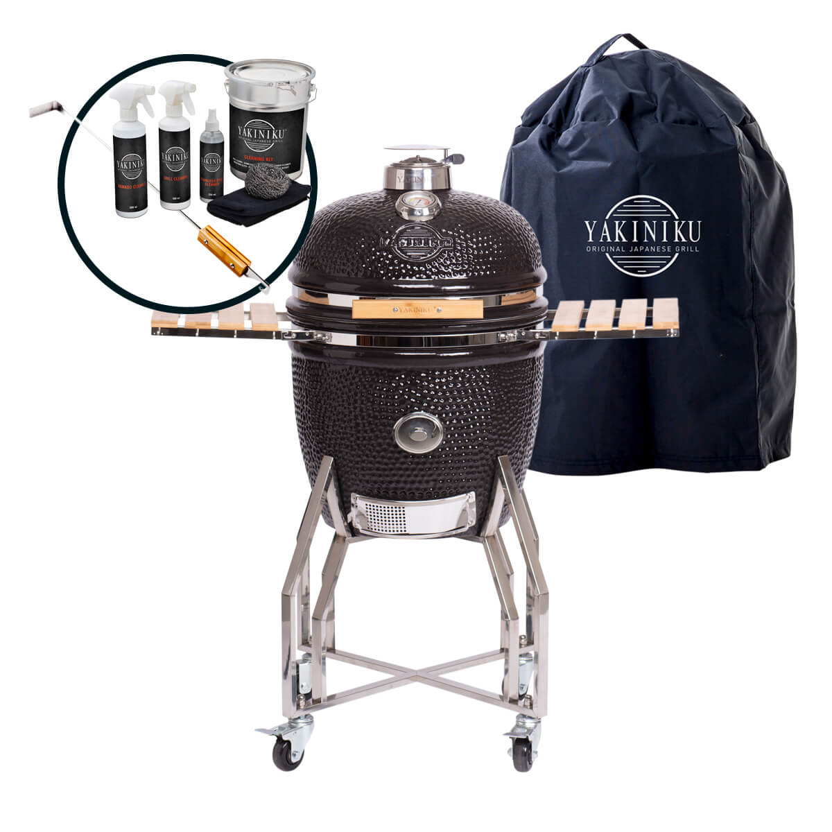 Yakiniku Kamado Grill inkl. Ständer, Seitentischen & Pro Set, Sorglos-Paket, 19'' Large, 49 cm Grillfläche