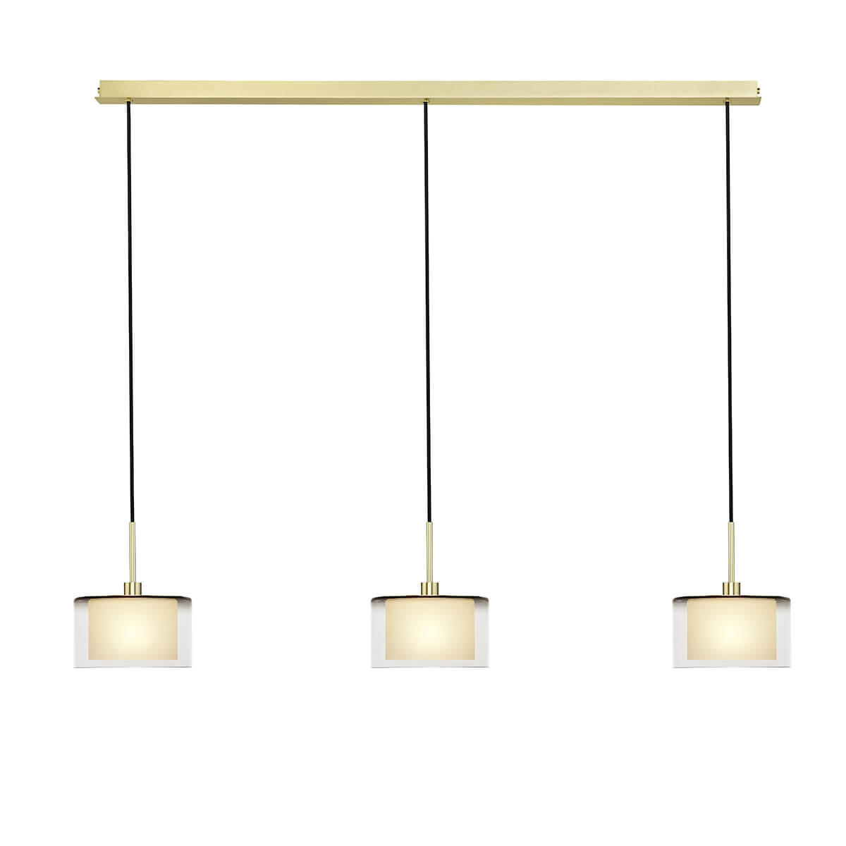 Bankamp Karl 75 Pendelleuchte, 3-flg., Messing matt / blank, Schirme: Kristallglas rauch