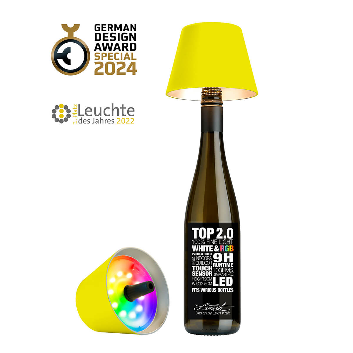 Sompex Top 2.0 RGB LED Akkuleuchte & Flaschenaufsatz, neon gelb (Flasche nicht inbegriffen zu sehen sind zwei Akkuleuchten)