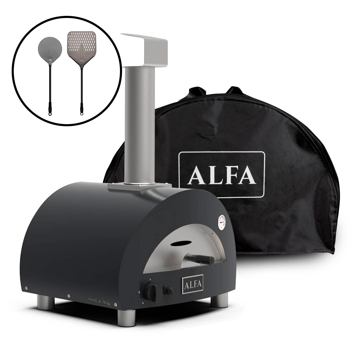 Alfa Forni Moderno Portable Pizzaofen, tragbar, inkl. Tragetasche & Pizza Schaufel Set Medium, schiefergrau