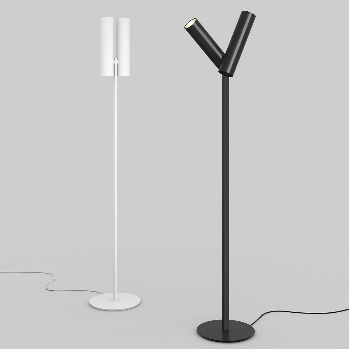 Rotaliana Tobu F1 LED Stehleuchte, weiß matt und schwarz matt, die Leuchtenköpfe sind um 45° nach links und rechts schwenkbar