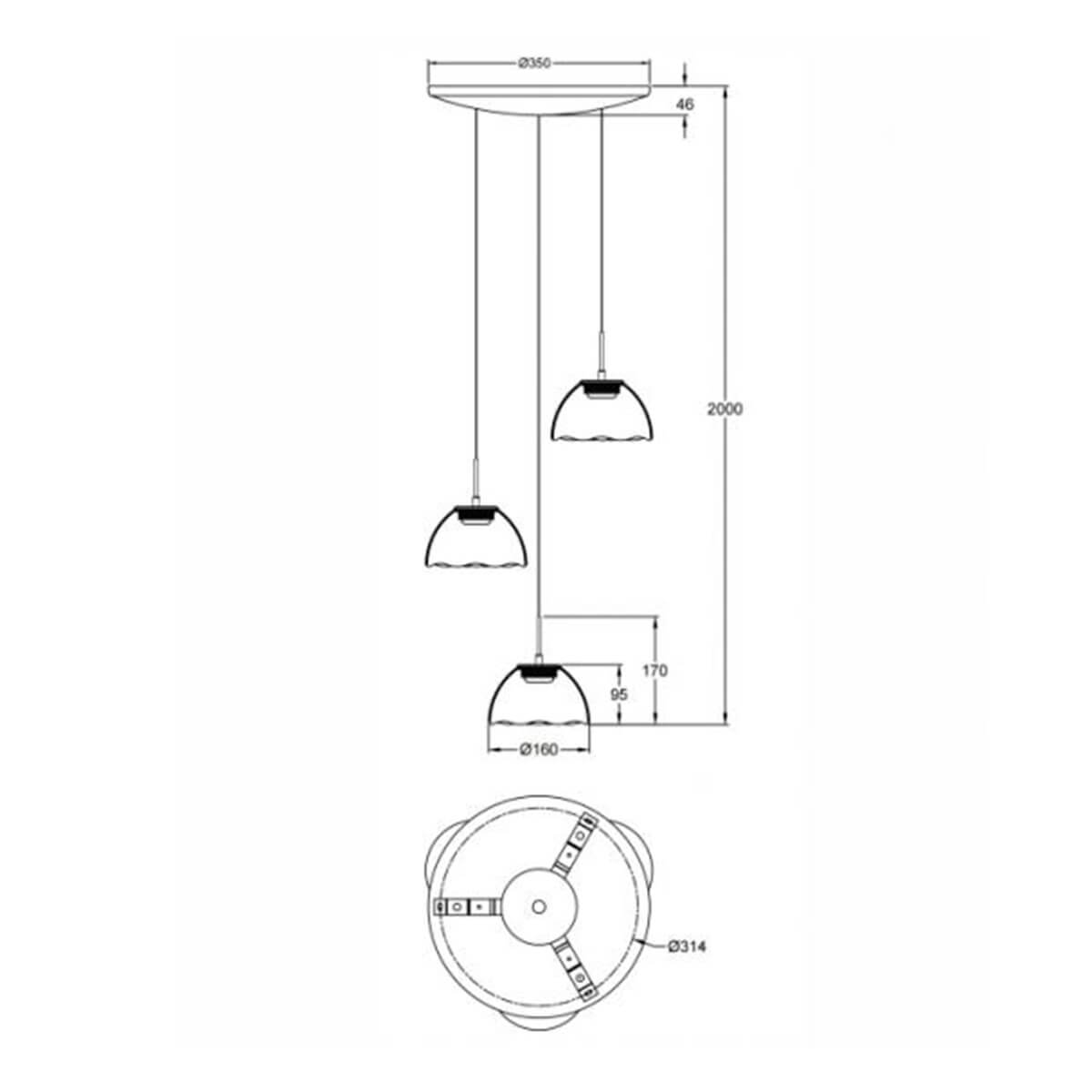 Fabas Luce Lucille LED Pendelleuchte, 3-flg., Maßzeichnung