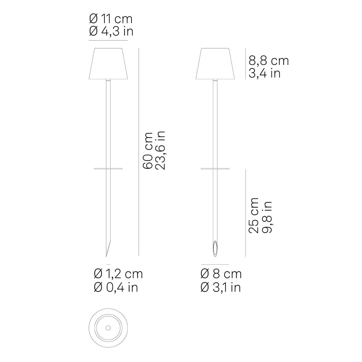 Zafferanon AiLati Poldina Picchetto Pro LED Akku-Spießleuchte, Maßzeichnung