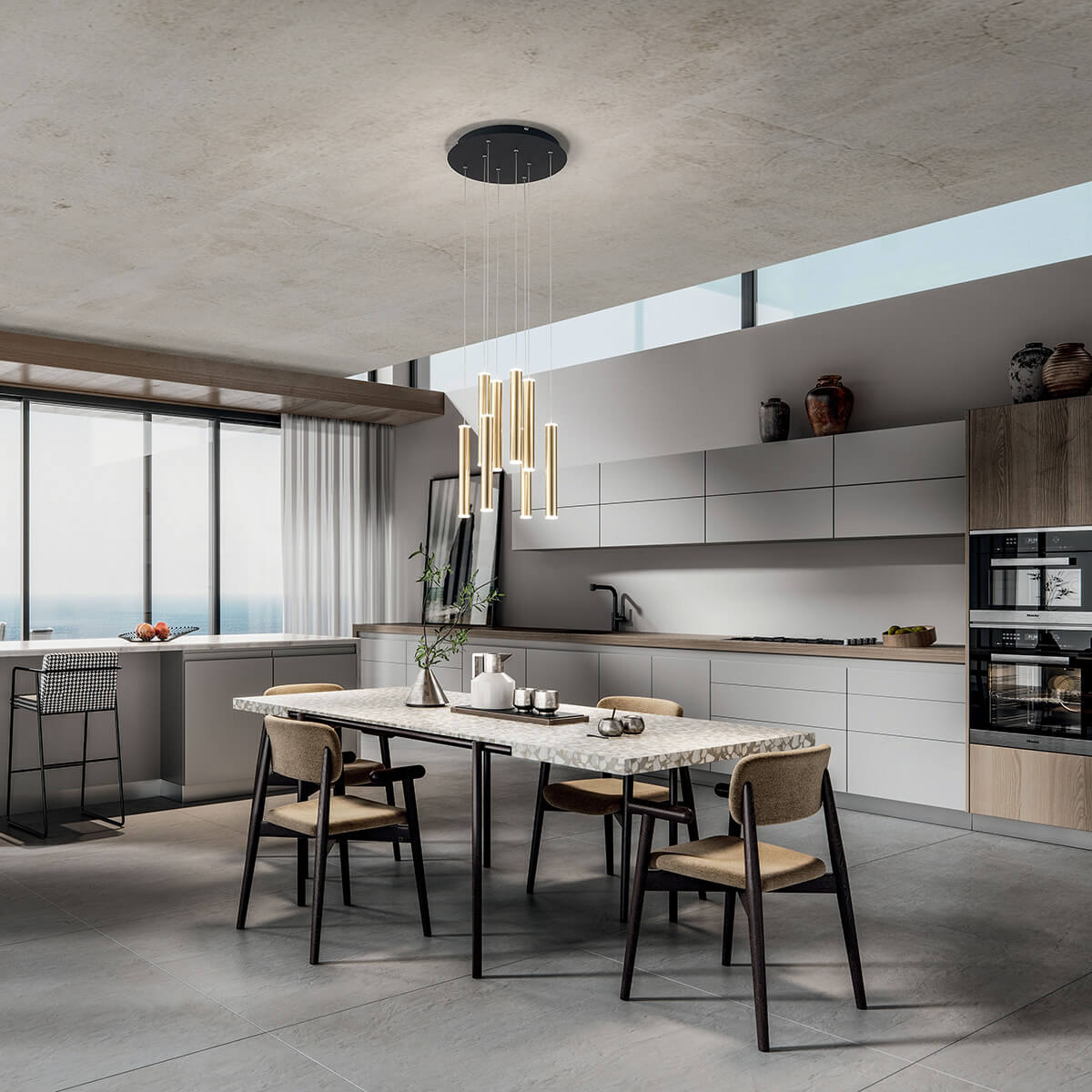 Fabas Luce Prado LED Pendelleuchte, 8-flg., mit Rondell, Messing satiniert