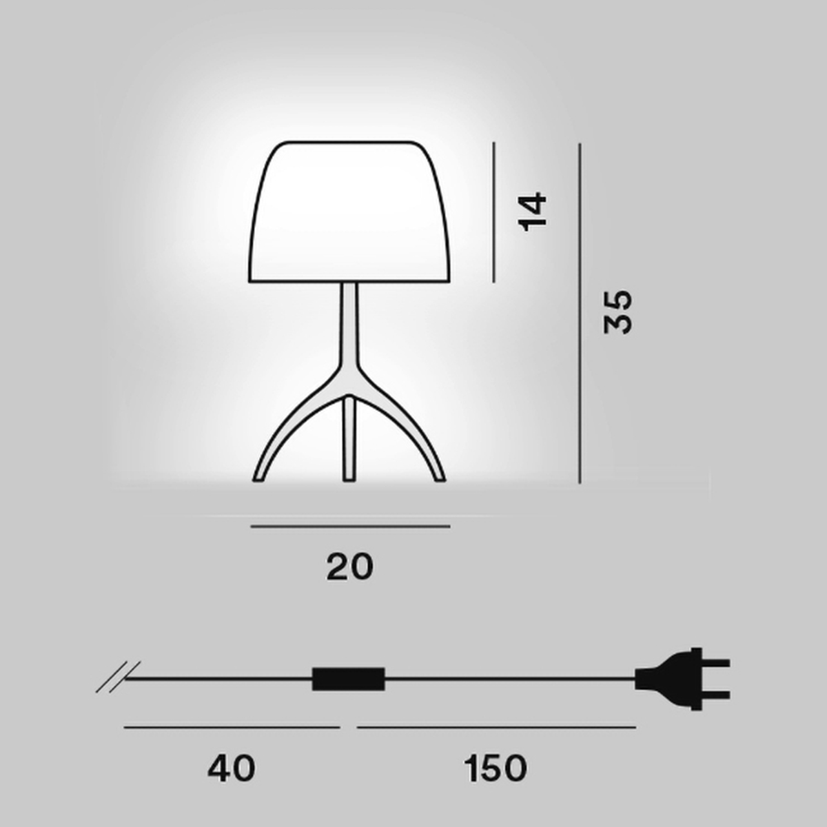 Foscarini Lumiere 30th Piccola Tavolo, mit Dimmer, Maßzeichnung
