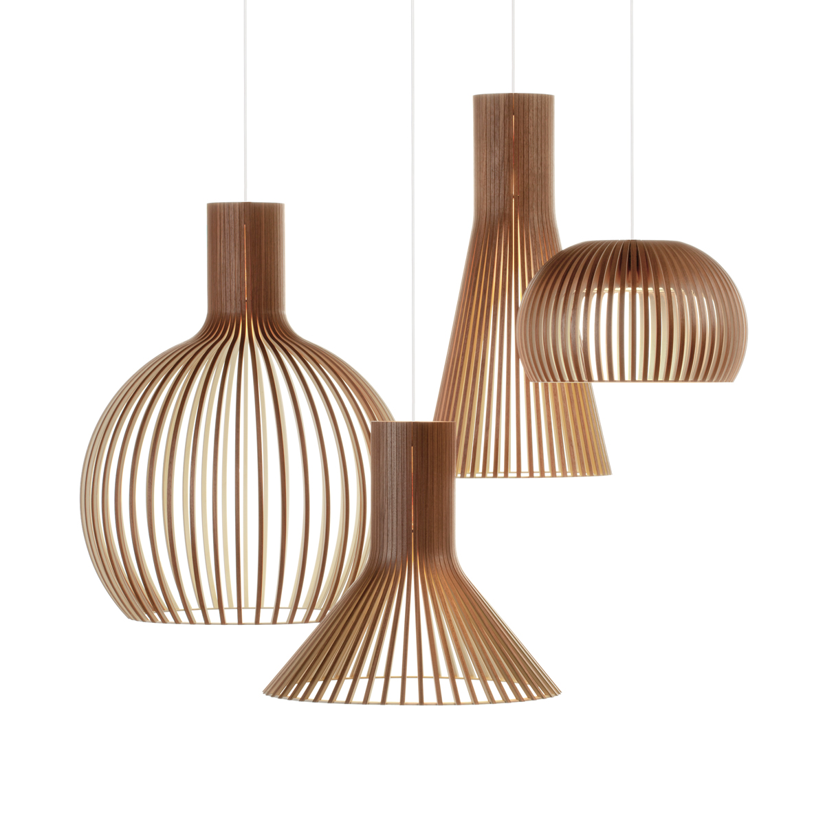 Secto Design Octo 4240 Pendelleuchte, Puncto 4203 Pendelleuchte, Secto 4200 Pendelleuchte und Atto 5000 Pendelleuchte, Walnussfurnier
