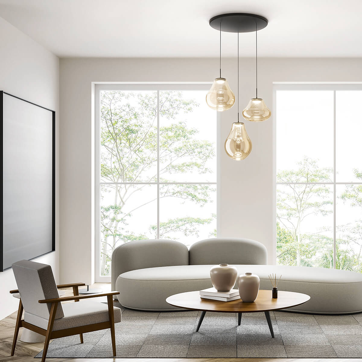 Fabas Luce Deva LED Pendelleuchte, 3-flg., mit Rondell, Amber